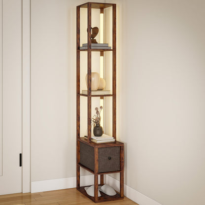 Floor Lamp with Shelves, LED Standing Lamp with Fabric Drawer, Brown