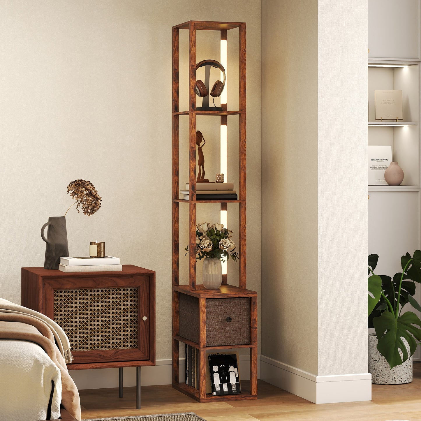 Floor Lamp with Shelves, LED Standing Lamp with Fabric Drawer, Brown