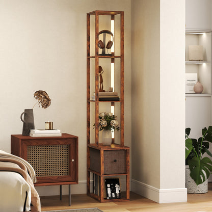 Floor Lamp with Shelves, LED Standing Lamp with Fabric Drawer, Brown