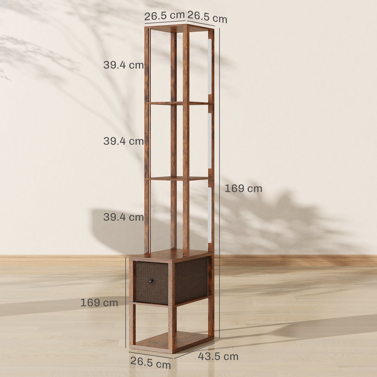 Floor Lamp with Shelves, LED Standing Lamp with Fabric Drawer, Brown