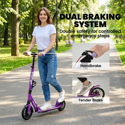 Foldable Kick Scooter with Height Adjustable Handlebar, One-click Folding Adult Scooters with 200 mm Big Wheels, Shock Absorption, ABEC-7 Bearings, Dual Brake System, Aluminium Frame, Purple