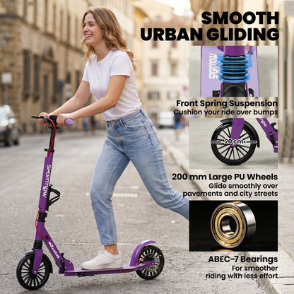 Foldable Kick Scooter with Height Adjustable Handlebar, One-click Folding Adult Scooters with 200 mm Big Wheels, Shock Absorption, ABEC-7 Bearings, Dual Brake System, Aluminium Frame, Purple