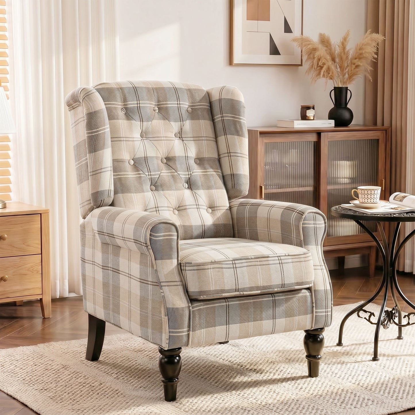 Accent Chair Wingback Armchair Retro Tufted, Khaki Plaid
