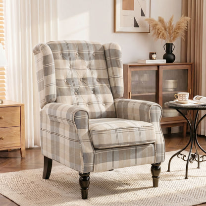 Accent Chair Wingback Armchair Retro Tufted, Khaki Plaid