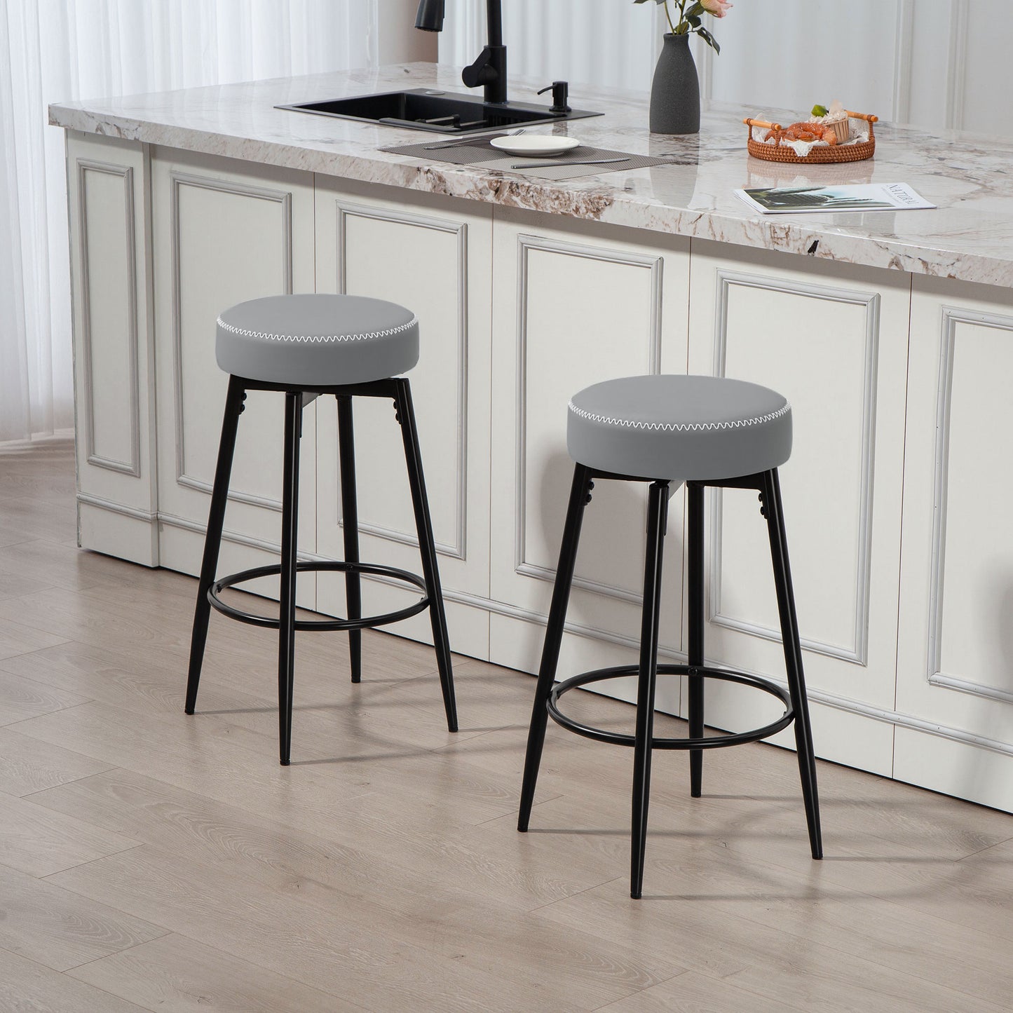 Swivel Bar Stools Set of 2, PU Leather Barstools with Footrest