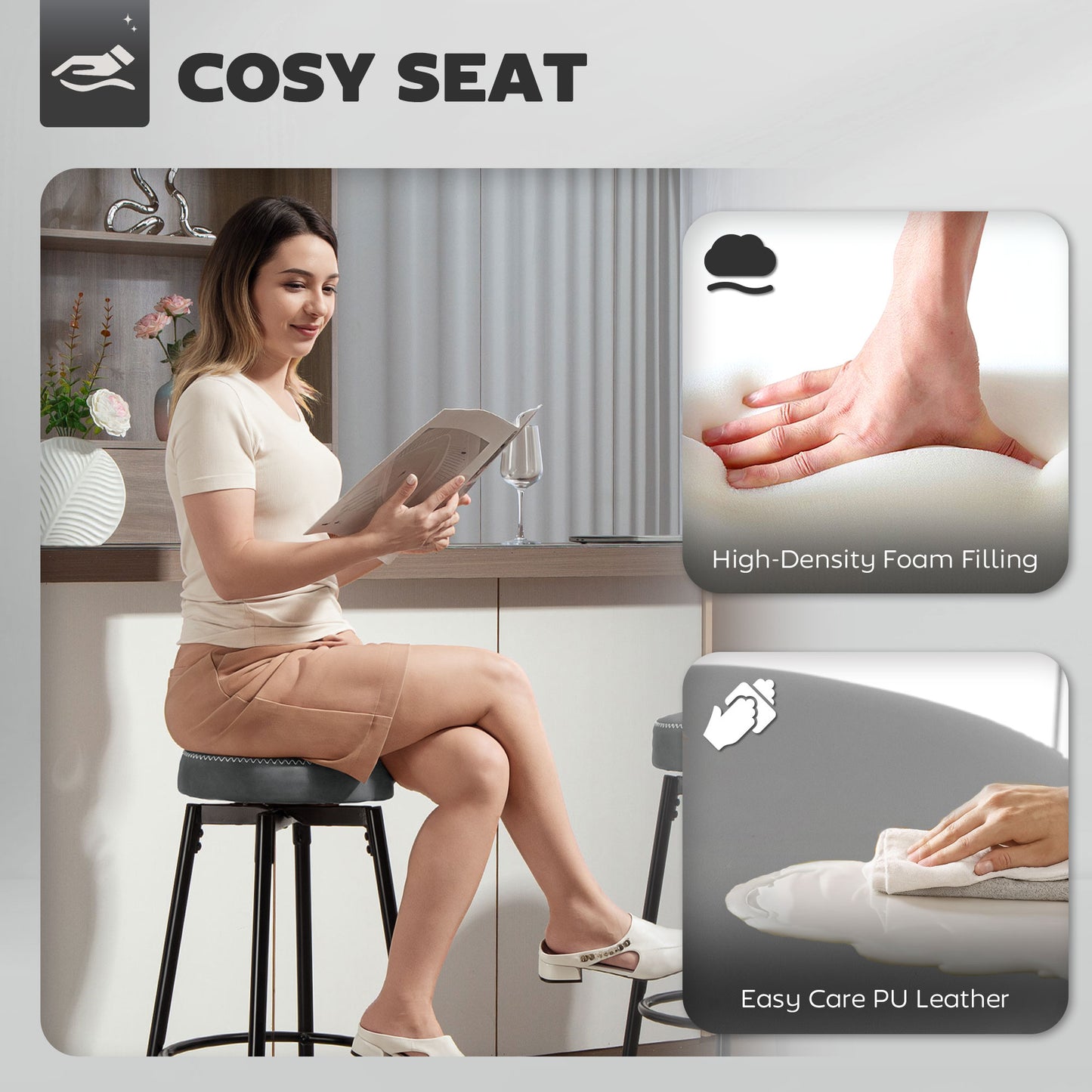 Swivel Bar Stools Set of 2, PU Leather Barstools with Footrest