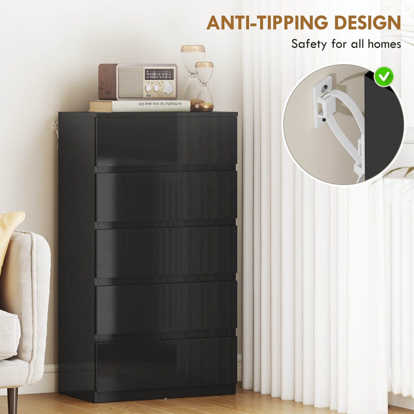 Bedroom Chest of Drawers, 5 Drawers Dresser, Drawer Unit, Black