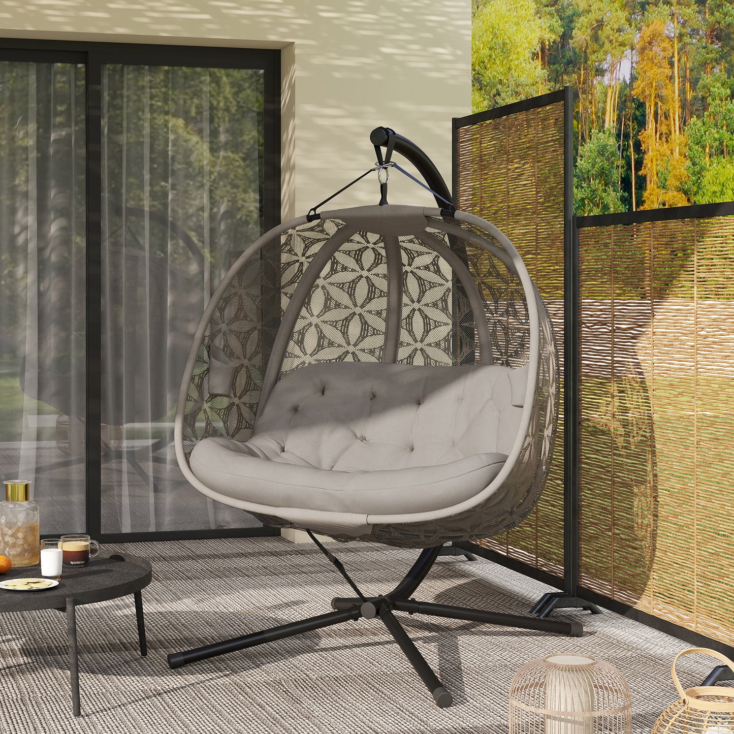 Double Hanging Swing Chair w/ Stand & Cup Holders, Brown