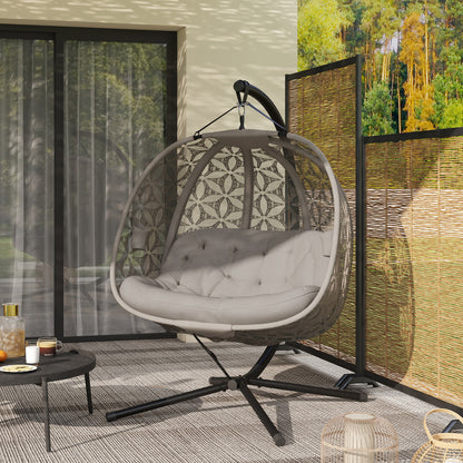 Double Hanging Swing Chair w/ Stand & Cup Holders, Brown