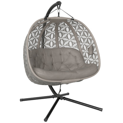 Double Hanging Swing Chair w/ Stand & Cup Holders, Brown