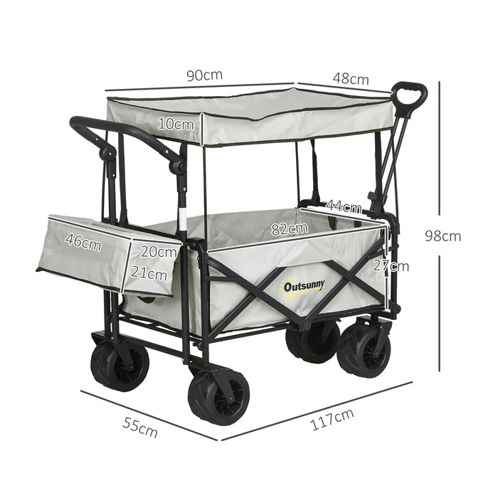 Folding Trolley Cart Storage Wagon Beach Trailer 4 Wheels with Handle Overhead Canopy Cart Push Pull for Camping, Grey