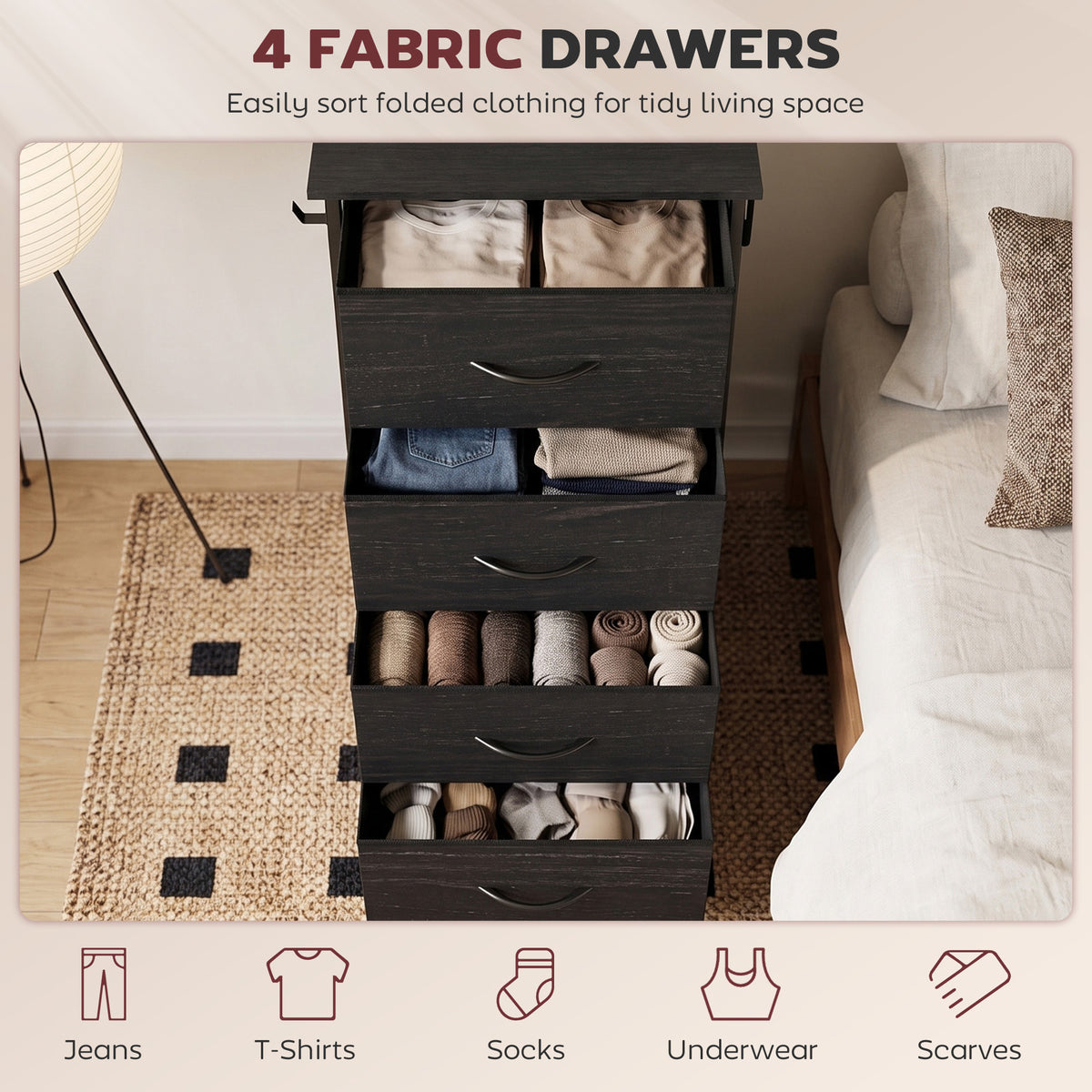 Fabric Chest of Drawers, 4 Drawer Dresser for Bedroom, Black