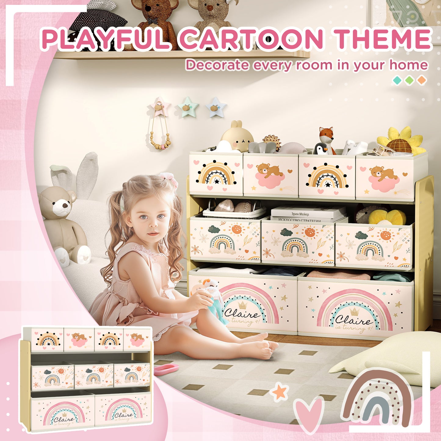 3-Tier Toy Organiser Shelf with 9 Storage Boxes for Bedroom Yellow