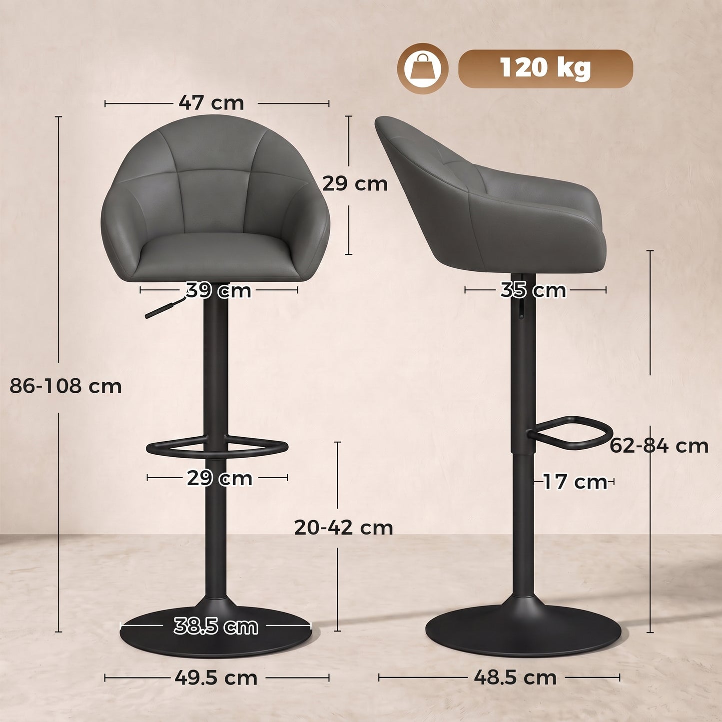 Bar Stools Adjustable Height Backrest Set of 2, Grey