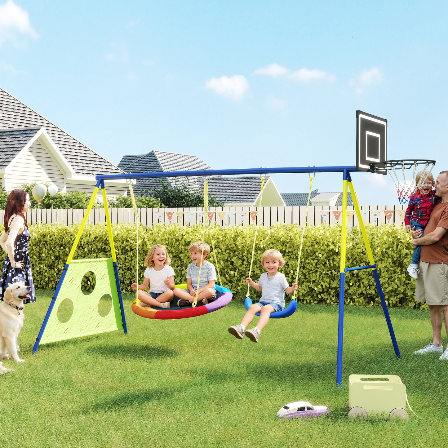 4-in-1 Kids Swing Set with Swing, Basketball Hoop, Football Goal