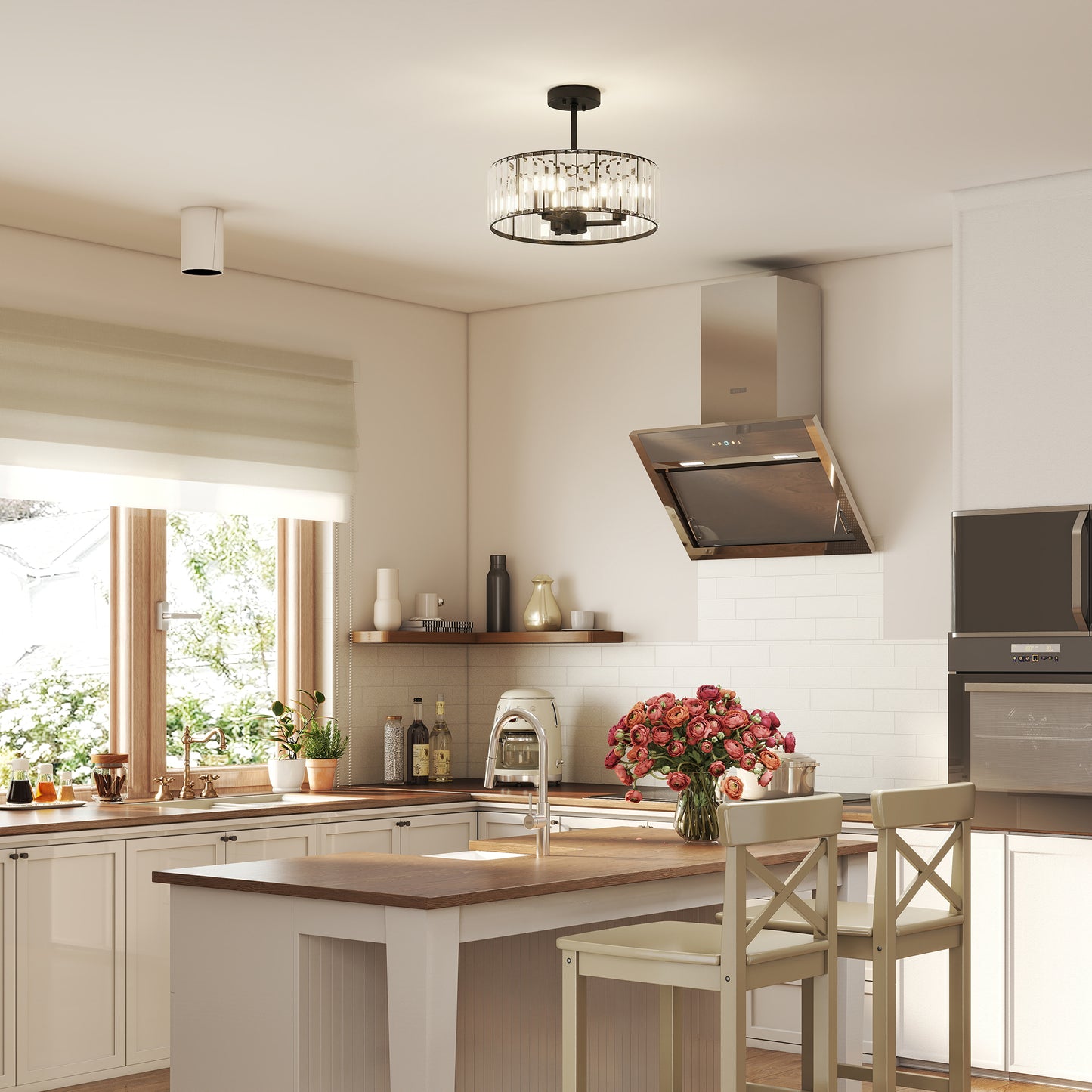 Semi Flush Mount Modern Crystal Chandelier Ceiling Light, Black