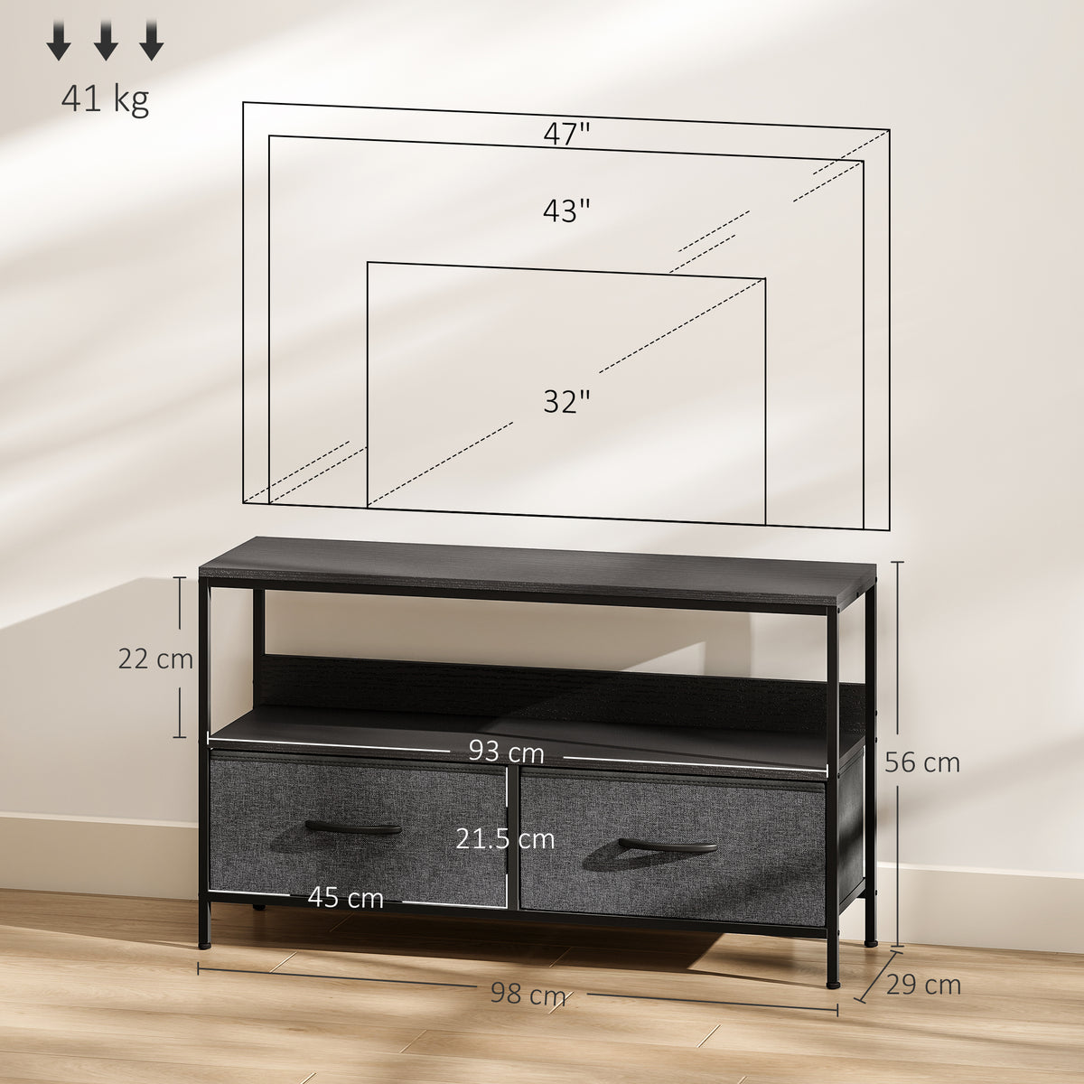 TV Cabinet, TV Console Unit with 2 Foldable Linen Drawers Black