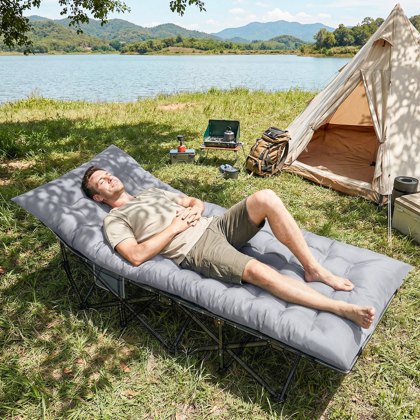 Sleeping Mat, Foldable Camping Pad with Elastic Straps Light Grey