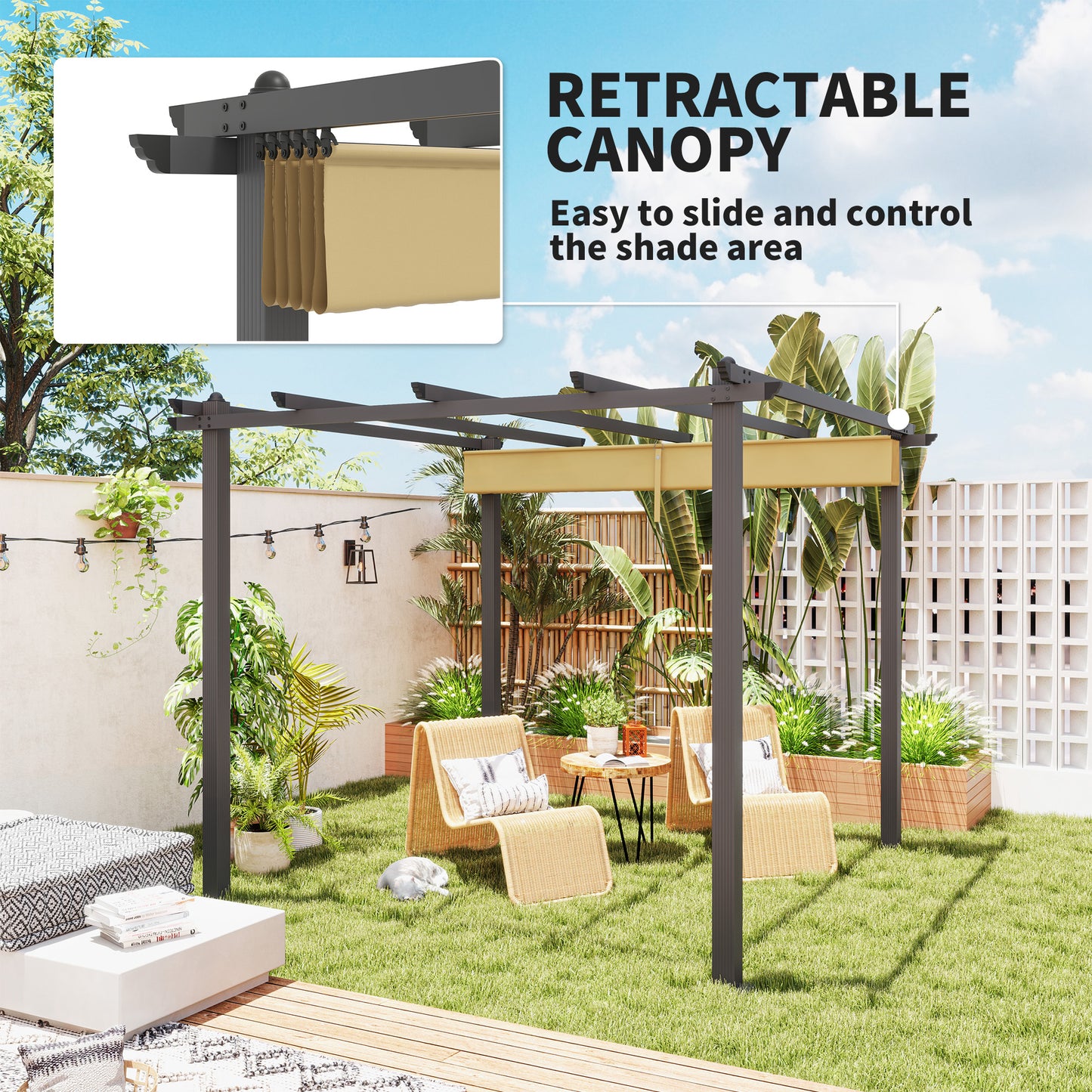 3 x 3(m) Aluminium Pergola with Retractable Roof, Garden Gazebo Khaki