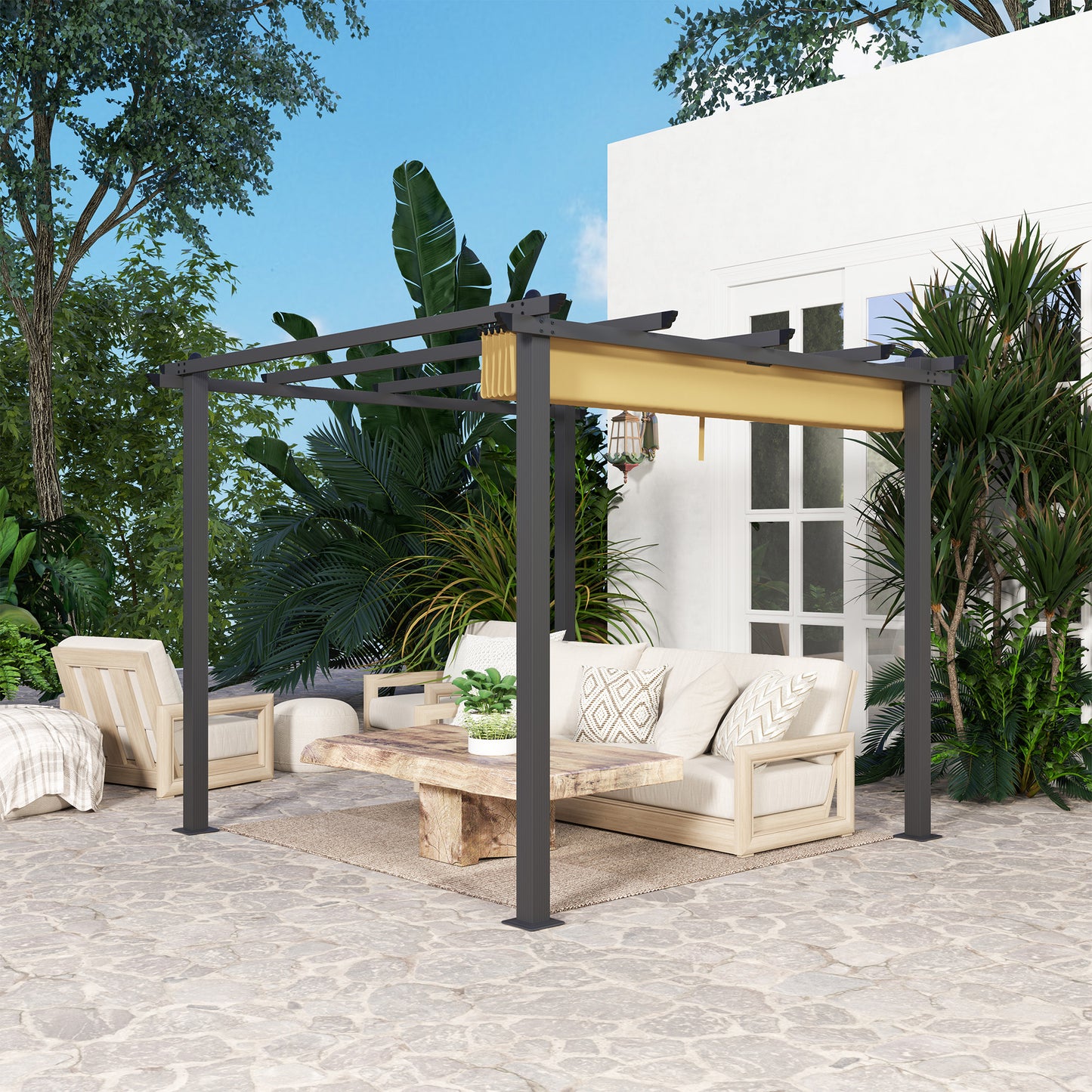 3 x 3(m) Aluminium Pergola with Retractable Roof, Garden Gazebo Khaki