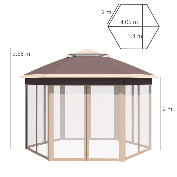 Hexagon Pop Up Gazebo Outdoor Patio Gazebo Double Roof Instant Shelter with Netting, 3 x 4m, Khaki