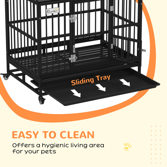 43" Heavy Duty Dog Crate on Wheels, with Removable Tray, Openable Top