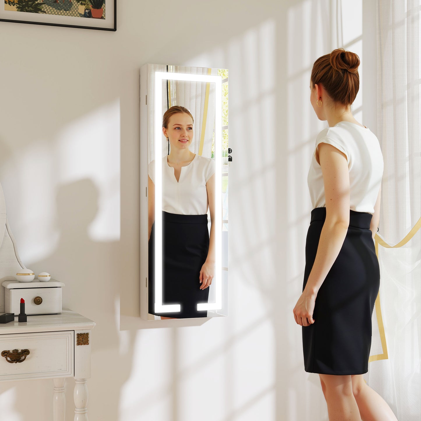 LED Mirror Jewellery Cabinet, Full Length Mirror with Storage, White