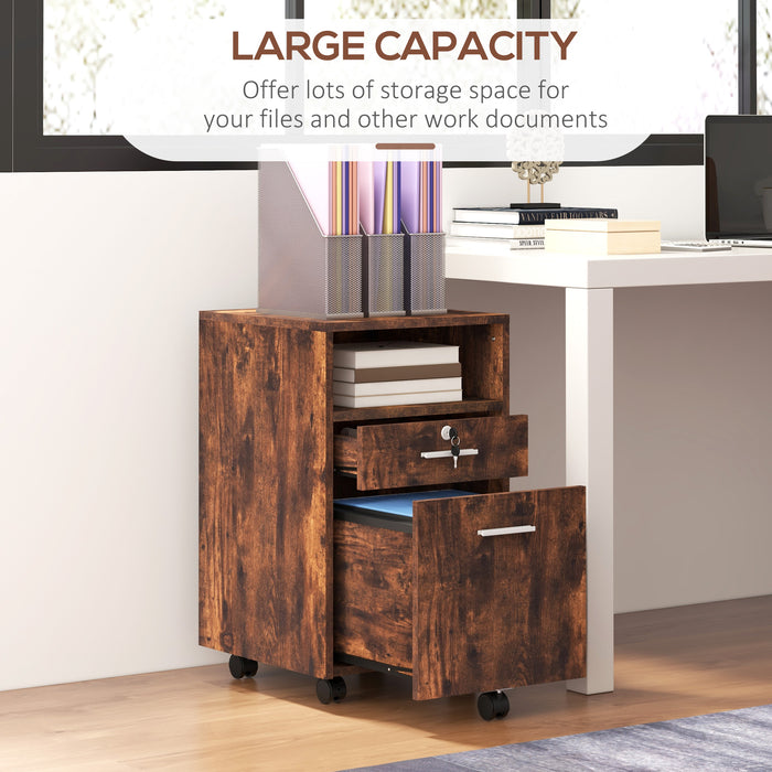 Vinsetto Lockable Filing Cabinet for Home Office, Mobile File Cabinet with Wheels Hanging Bar for A4, Letter Size, Rustic Brown