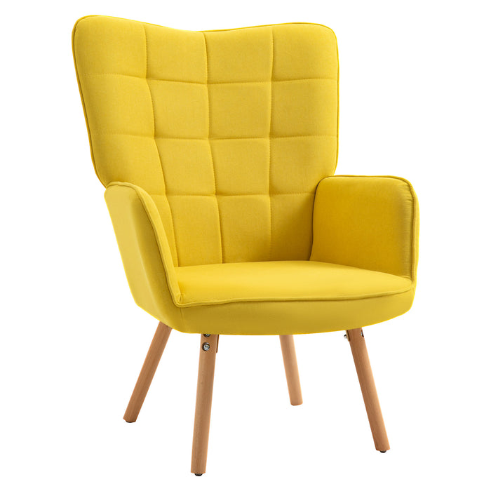 Modern Accent Chair Velvet-Touch Tufted Wingback Armchair Upholstered Leisure Lounge Sofa Club Chair with Wood Legs, Yellow