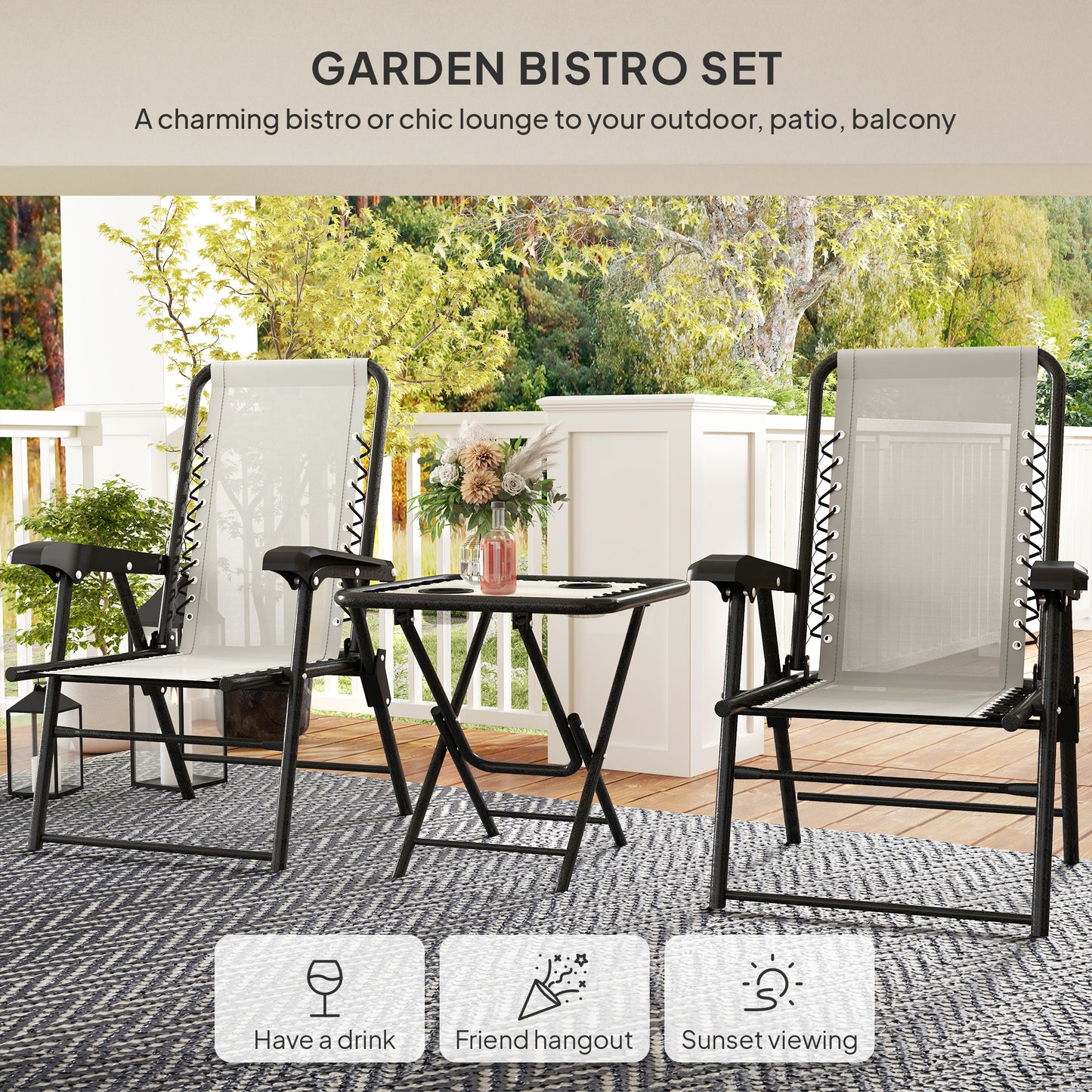 3 Pieces Folding Garden Bistro Set with Cup Holders, Cream White