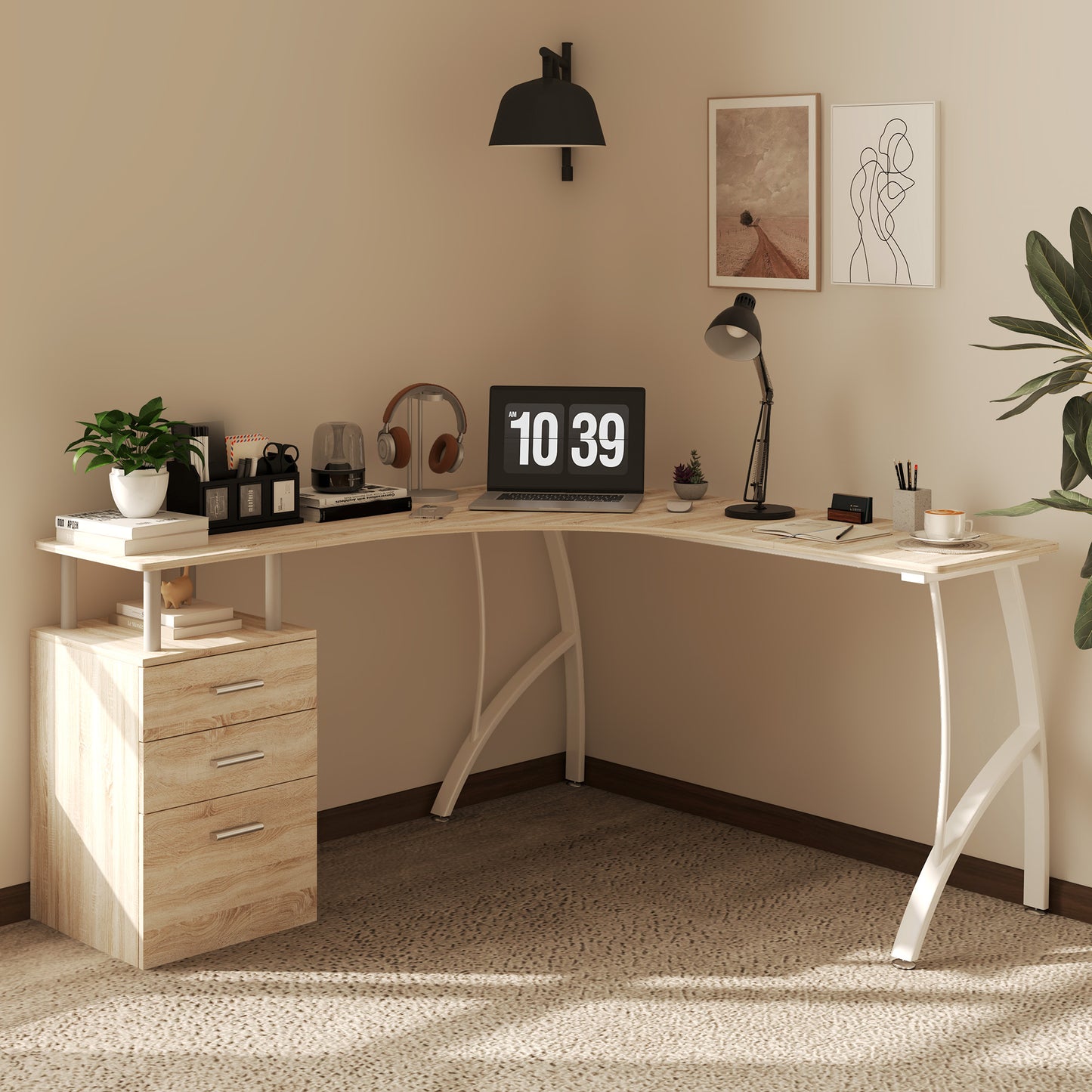 L-Shaped Corner PC Desk Table w/ Drawer Home Office Workstation, Oak