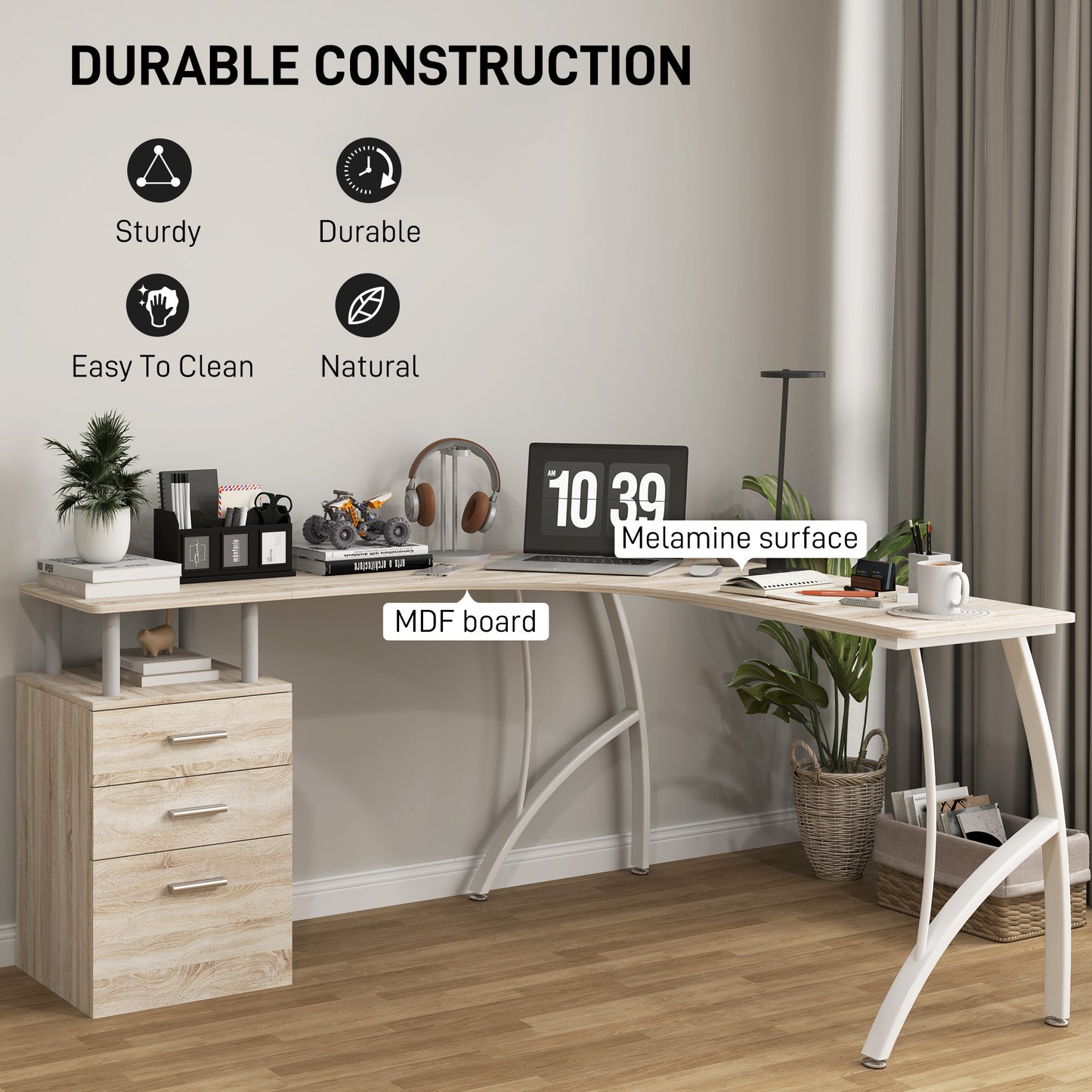 L-Shaped Corner PC Desk Table w/ Drawer Home Office Workstation, Oak