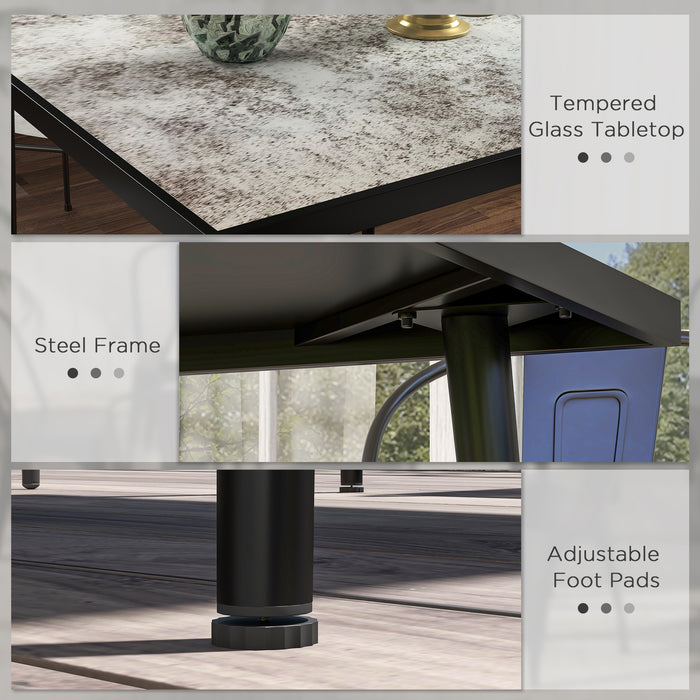 Square Garden Table, Outdoor Dining Table for 4 with Marble Effect Tempered Glass Top and Steel Frame for Patio, Grey