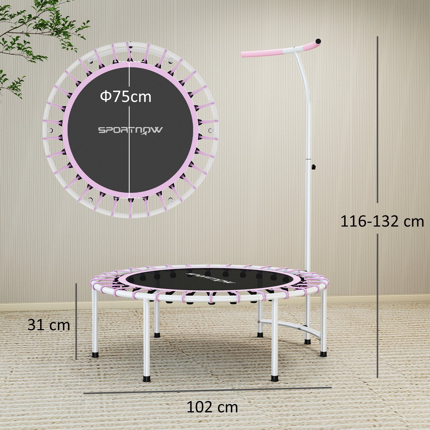 40" Fitness Trampoline, Mini Rebounder Trampoline for Adults with 5-Level Adjustable Handle, Indoor Exercise Bungee Rebounder, Max Load 100KG, Purple