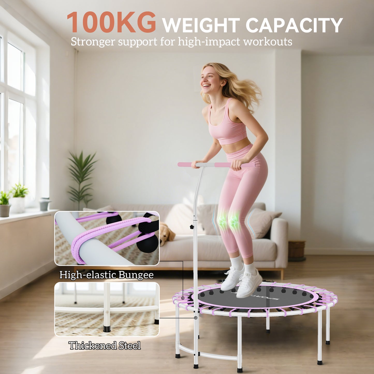40" Fitness Trampoline, Mini Rebounder Trampoline for Adults with 5-Level Adjustable Handle, Indoor Exercise Bungee Rebounder, Max Load 100KG, Purple