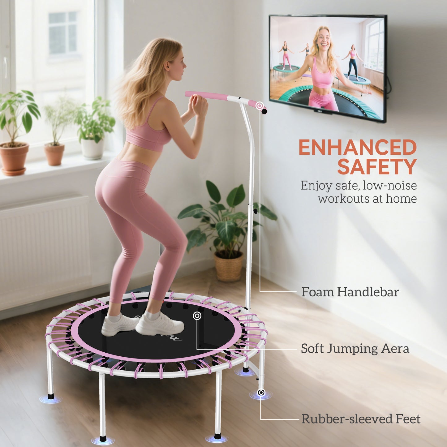 40" Fitness Trampoline, Mini Rebounder Trampoline for Adults with 5-Level Adjustable Handle, Indoor Exercise Bungee Rebounder, Max Load 100KG, Purple