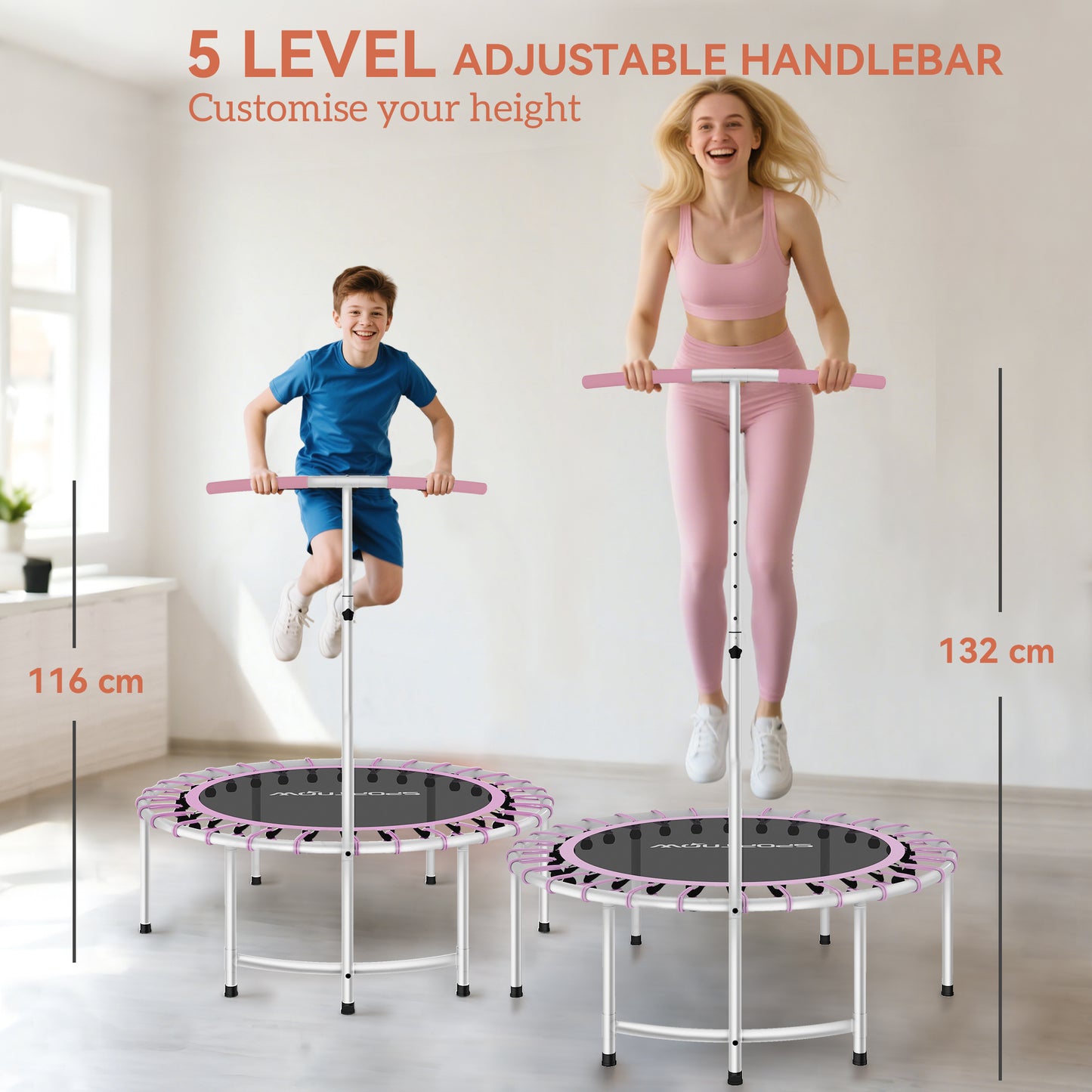 40" Fitness Trampoline, Mini Rebounder Trampoline for Adults with 5-Level Adjustable Handle, Indoor Exercise Bungee Rebounder, Max Load 100KG, Purple