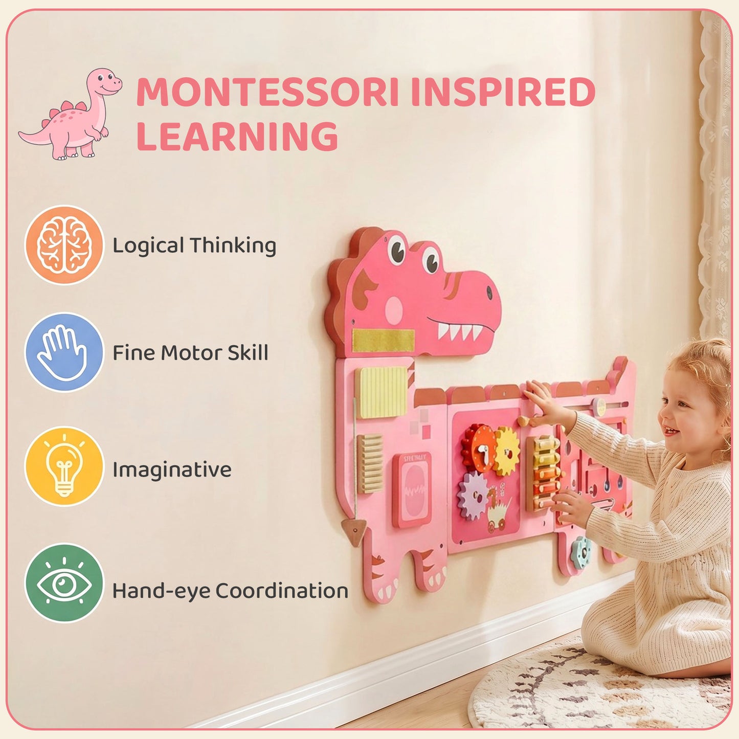 Busy Board Panels Wall Mounted Dinosaur, Pink