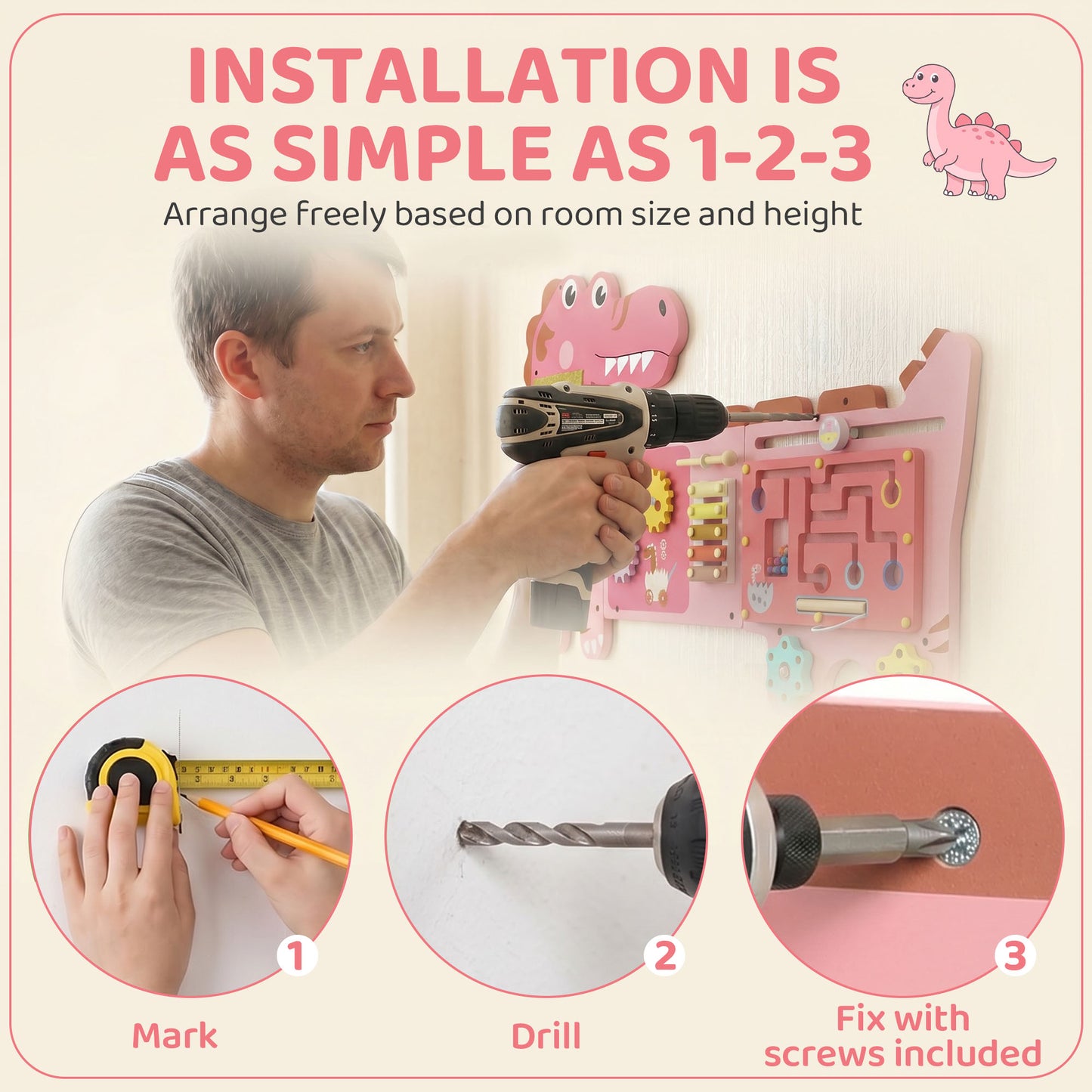 Busy Board Panels Wall Mounted Dinosaur, Pink