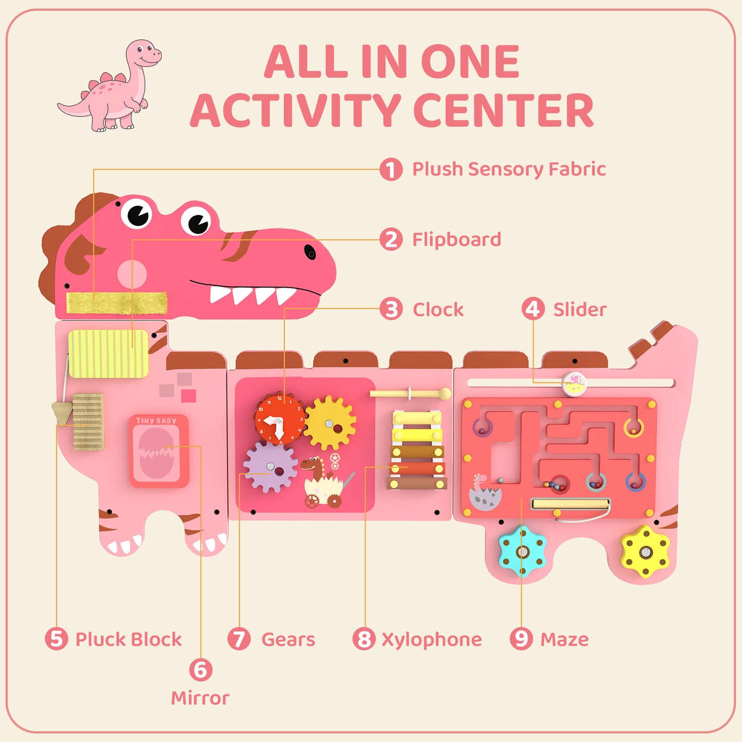 Busy Board Panels Wall Mounted Dinosaur, Pink