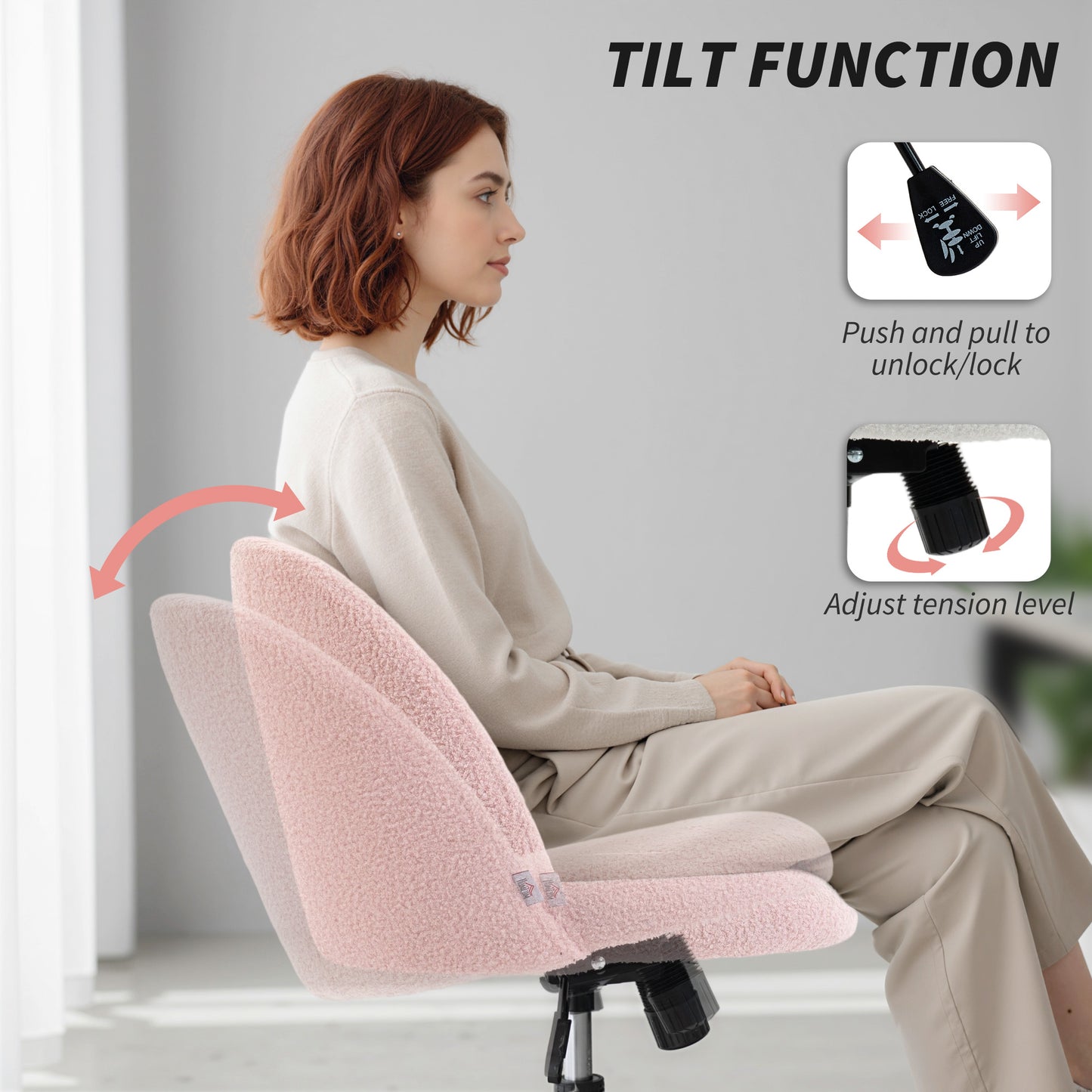 Desk Chair, Fluffy Swivel Office Chair for Makeup Vanity, Light Pink