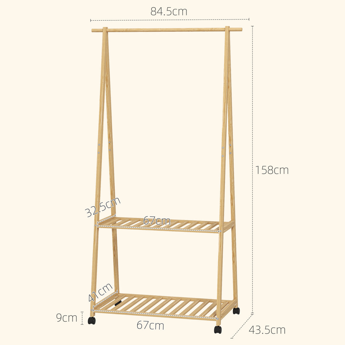 Bamboo Clothes Rail Rack with 2 Storage Shelves, Natural Wood Effect