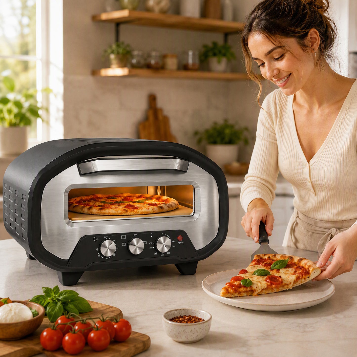 12 Inch Electric Countertop Pizza Maker with 3 Knob Control, 2200W