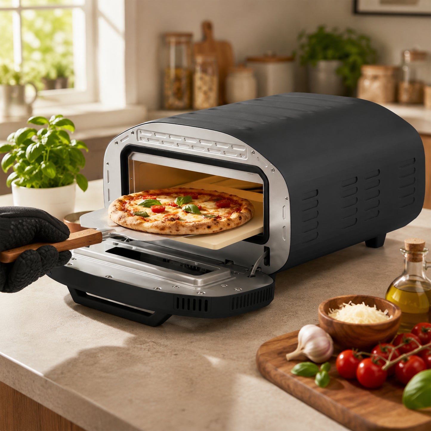 12 Inch Electric Countertop Pizza Maker with 3 Knob Control, 2200W