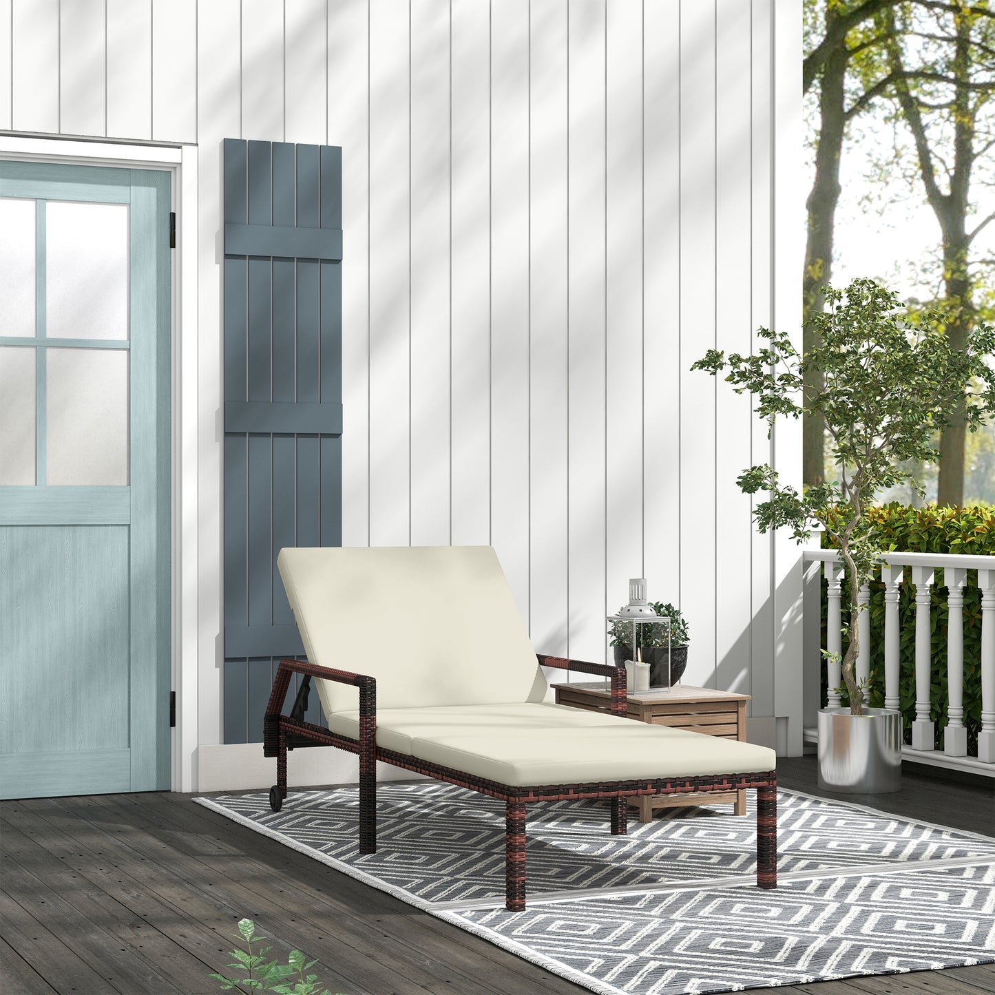 Outdoor Sun Lounger, Rattan Wicker Chaise Lounger with 5-Level Adjustable Backrest and 2 Wheels