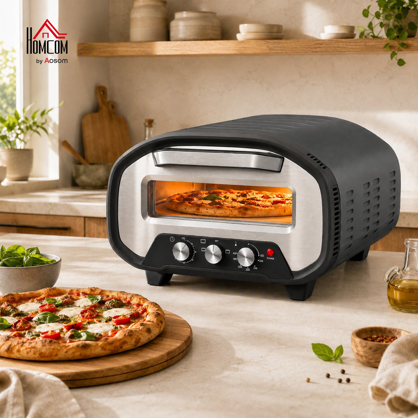 12 Inch Electric Countertop Pizza Maker with 3 Knob Control, 2200W