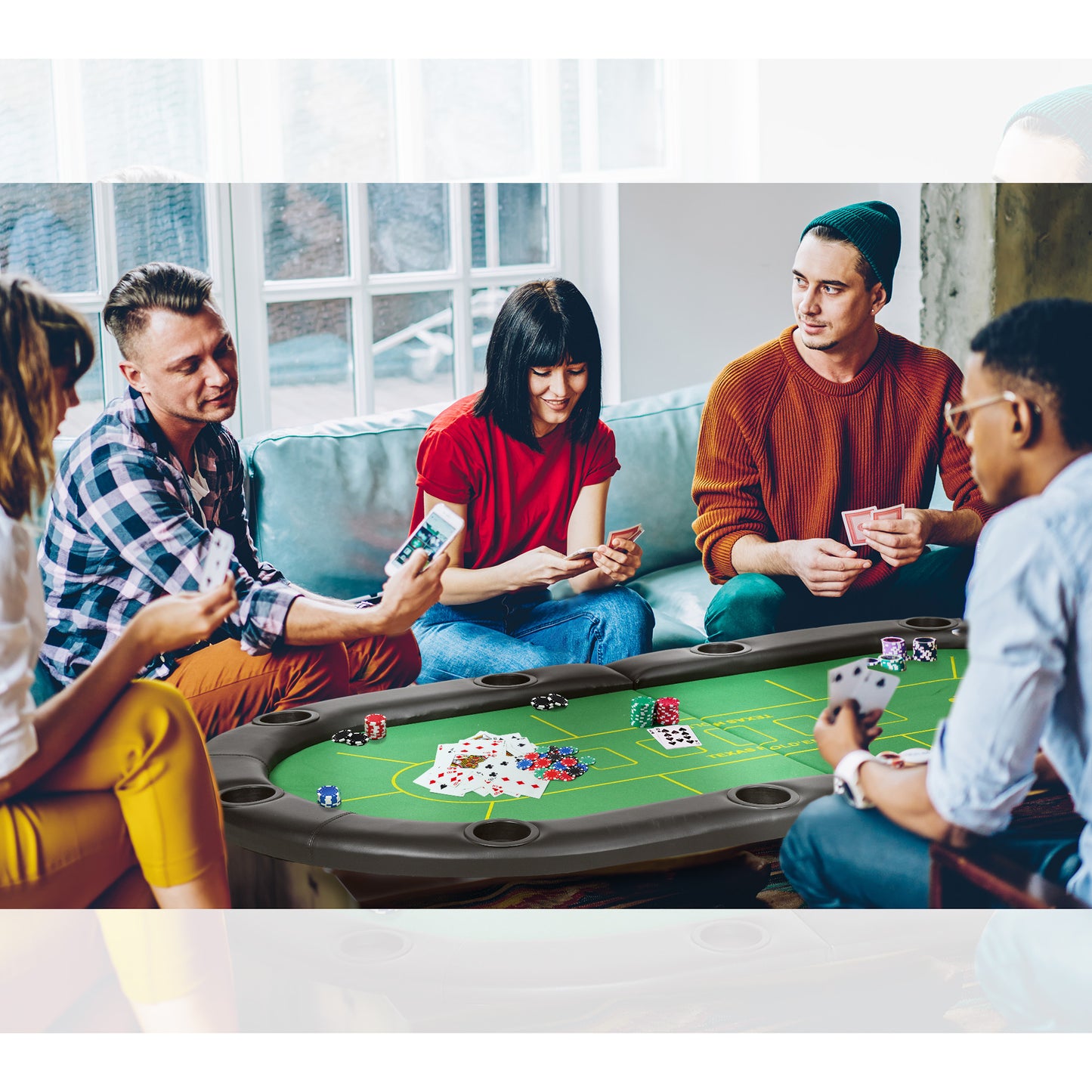 Foldable Poker Mat for 10 Players, Oval Poker Table Top with Cup Holders, Portable Poker Table Cloth with Carrying Bag, 180 x 90cm - Green