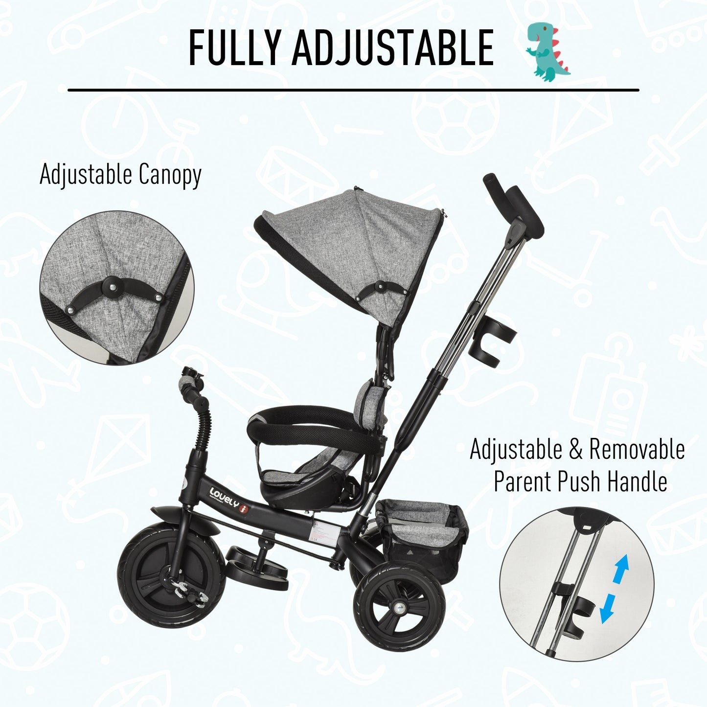 Toddler Bike Push Along Trike, 2-in-1 Cloth Tricycle Stroller w/ Push Handle, Detachable Guardrail & Storage Bag, Grey