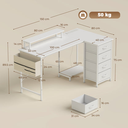 L Shaped Gaming Desk Reversible USB 150 cm White