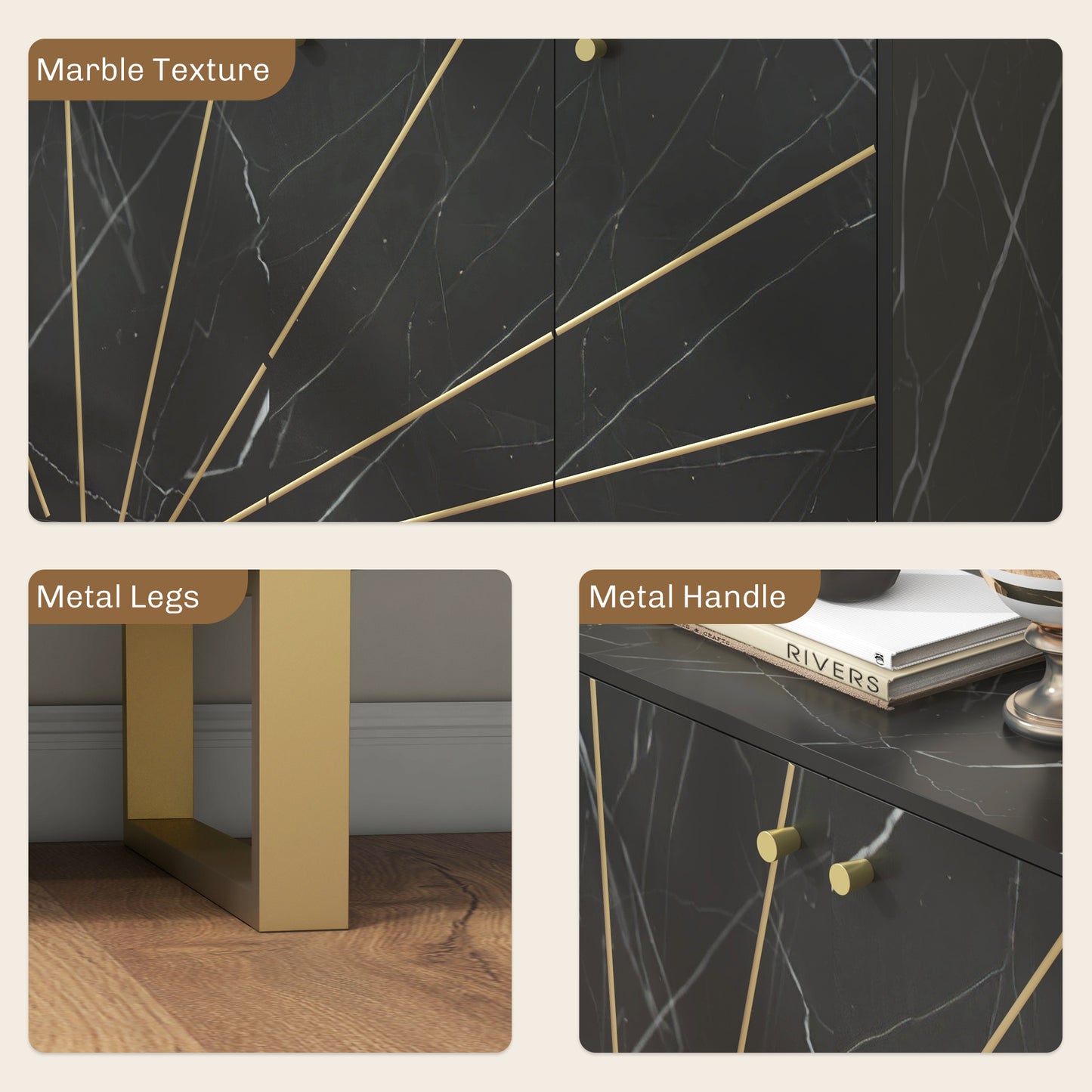 Sideboard Storage Cupboard with Metal Legs for Living Room, Black